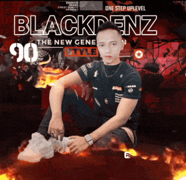 a poster for blackdenz shows a man sitting in front of flames