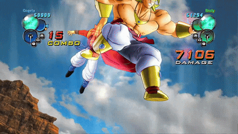 a screenshot of a video game shows gogeta and broly with 15 combo and 7106 damage respectively