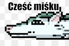 a pixel art drawing of a unicorn with the words cześć misku written on it .