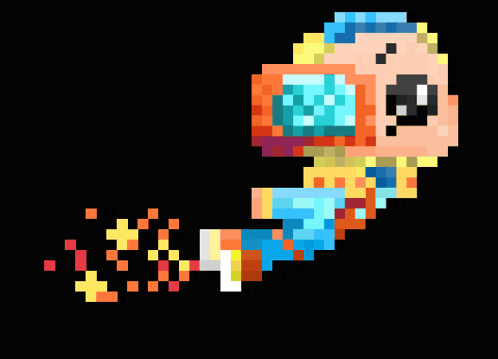a pixel art drawing of a cartoon character with a blue hat