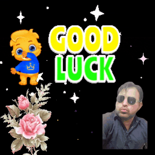 a man wearing sunglasses stands in front of a sign that says " good luck "