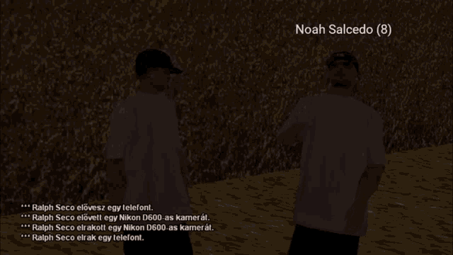 two men standing next to each other with the name noah salcedo on the top