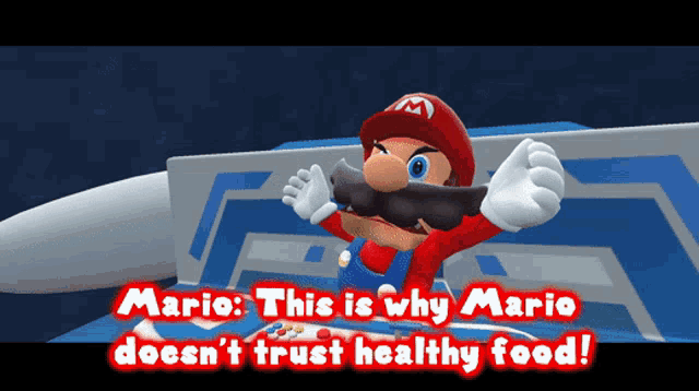 a cartoon of mario with the words " this is why mario doesn 't trust healthy food "