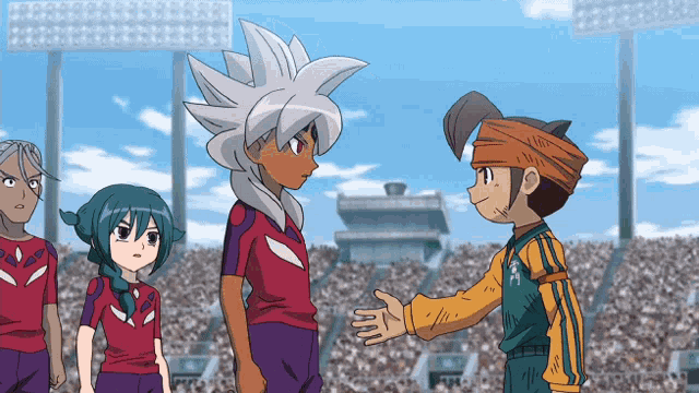 a group of anime characters standing in front of a crowd