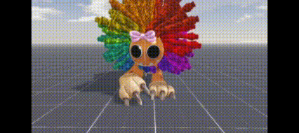 a stuffed animal with a rainbow wig and a pink bow is standing on a grid .