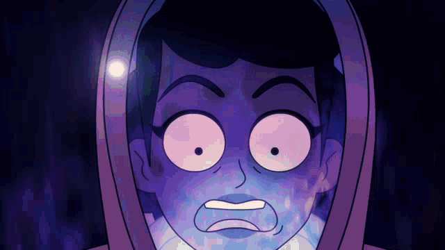 a cartoon of a person with a purple face and big eyes