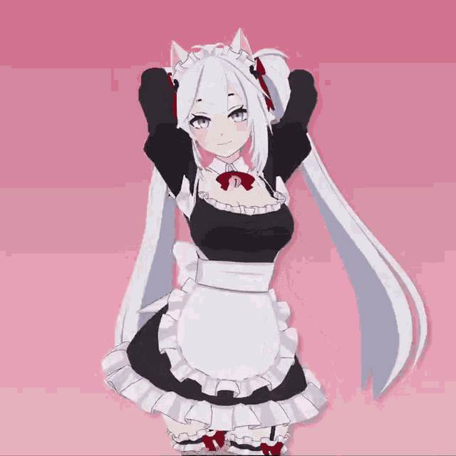 a girl in a maid costume with white hair and cat ears