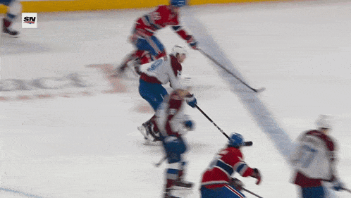 a hockey game is being played in front of a sign that says sn on it