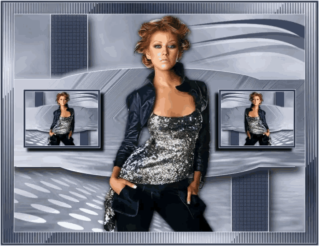 a picture of a woman in a sequined top and a leather jacket
