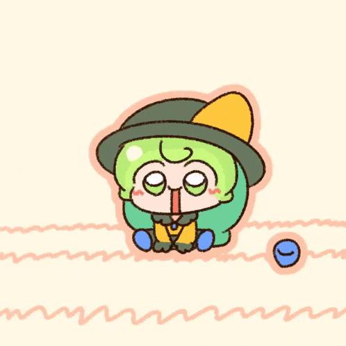 a cartoon drawing of a girl with green hair and a hat