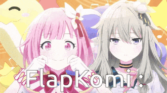 a couple of anime girls standing next to each other with the words flapkomi written in white