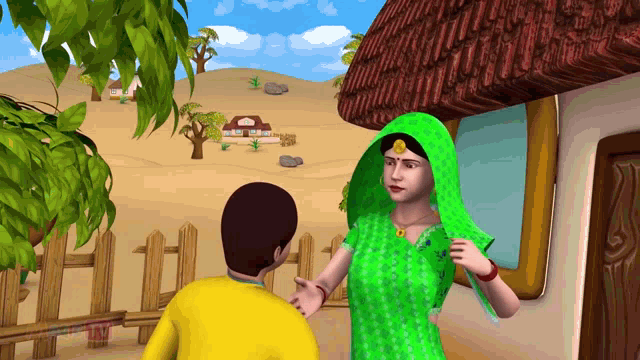 a cartoon of a woman in a green veil talking to a man in a yellow shirt