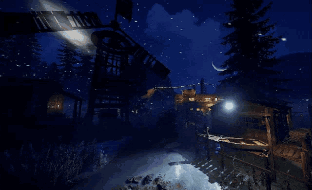 a screenshot of a video game at night with a crescent moon in the background