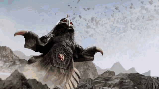 a monster with red eyes is standing in the middle of a rocky field