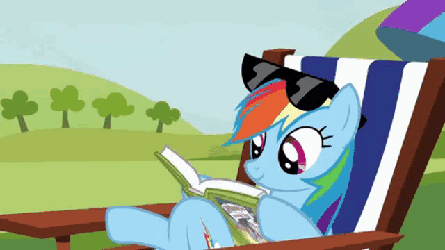 a cartoon pony wearing sunglasses is sitting on a chair reading a book
