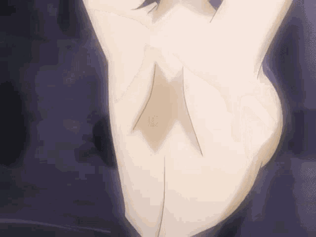 a close up of a woman 's back with her arms outstretched against a purple background .