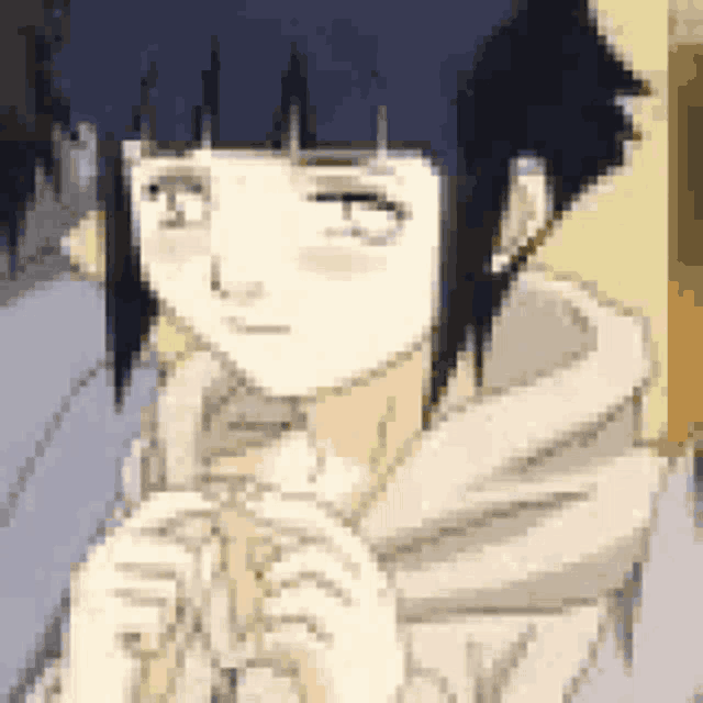 a pixel art of a girl with black hair and a white hoodie
