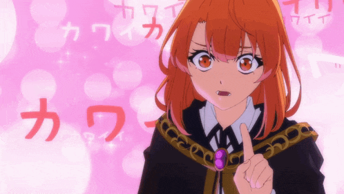 a girl with red hair and a purple necklace has her finger up