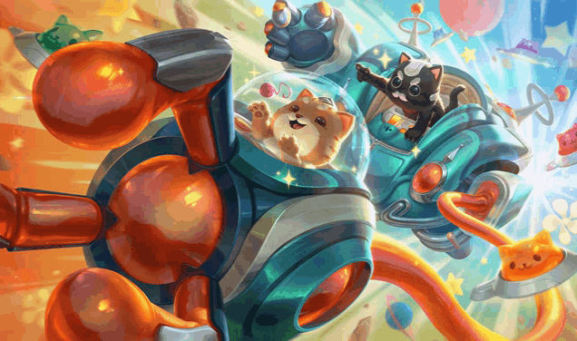 a cartoon drawing of a robot with two cats riding it