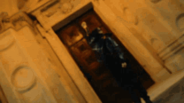 a blurred image of a person standing in front of a door