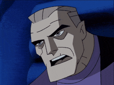 a close up of a cartoon character with gray hair and blue eyes
