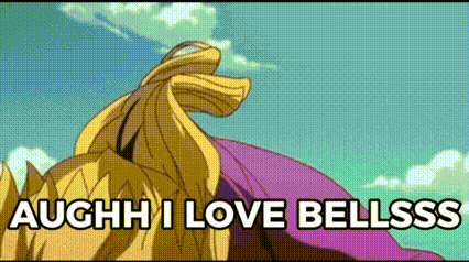 a cartoon of a person with a ponytail and the words `` augh i love bellsss '' .