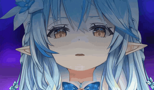 a close up of a anime girl with blue hair and ears