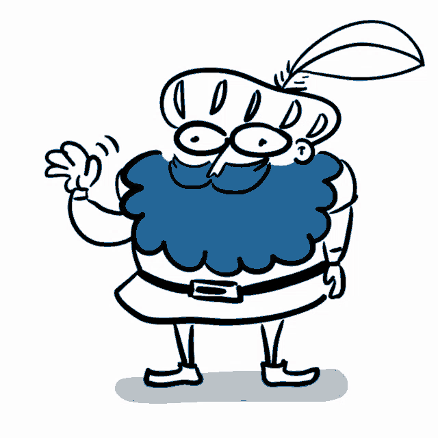 a cartoon drawing of a man with a blue beard and hat