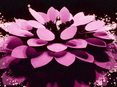 a woman stands in the center of a pink flower