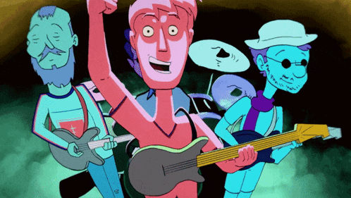 a cartoon drawing of a man holding a guitar and two other men playing drums