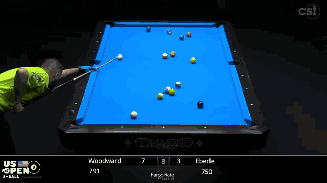 a pool table with a blue cloth and a man holding a cue