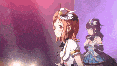 two anime girls are standing next to each other with one wearing a feathered hat