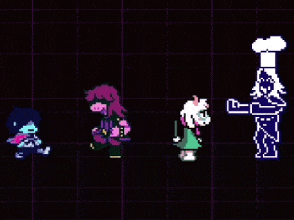 a group of pixel art characters standing next to each other on a dark background .