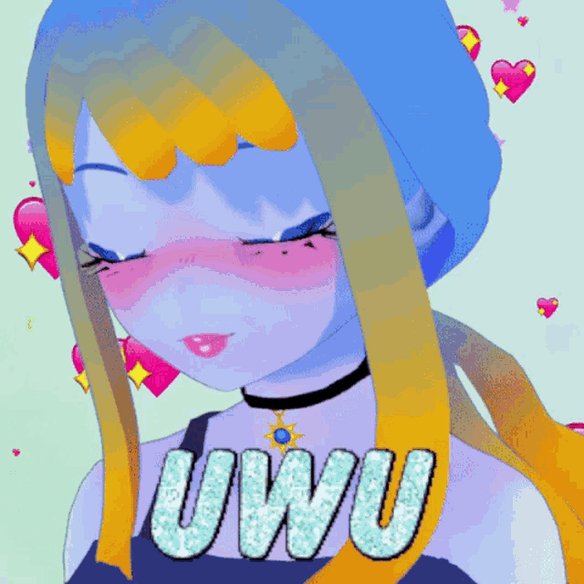 a drawing of a girl with a choker and the word uwu above her