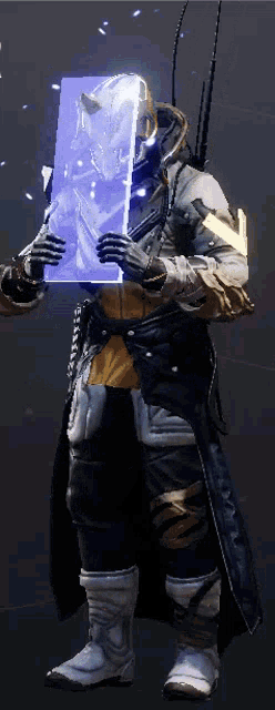 a video game character is holding a shield in front of his face ..