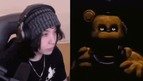 a person wearing headphones and a beanie next to a picture of a teddy bear