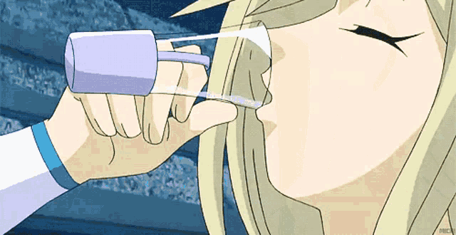 a blonde anime girl drinking from a purple bottle with the word free on the bottom
