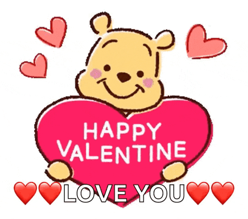 winnie the pooh is holding a heart with the words happy valentine love you