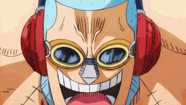 a cartoon character wearing headphones and goggles with his tongue out
