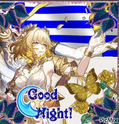 a good night greeting card with a woman in a white dress surrounded by butterflies and leaves .