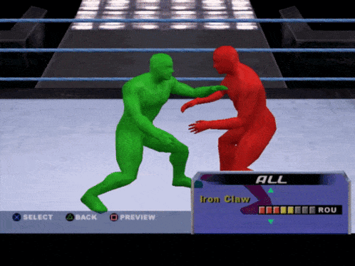 a video game screen shows a green and red wrestler