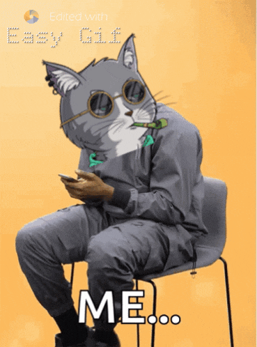 a cat with sunglasses and a cigarette in its mouth is sitting in a chair and says me