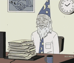 a cartoon of a man in a wizard hat holding a broom in front of a clock that says all new