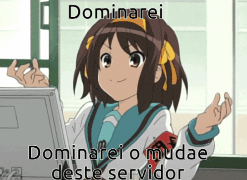 a cartoon of a girl sitting in front of a computer with the words dominarei o mudae deste servidor below her