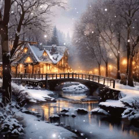 a snowy scene with a house and a bridge over a river