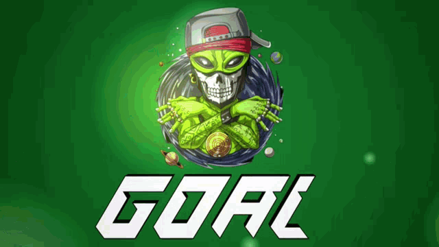 a green alien wearing a hat with the word goal under it