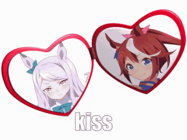 a couple of hearts with the word kiss written on them
