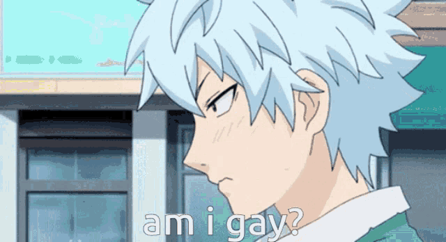 a man with blue hair is standing in front of a building and says `` am i gay ? ''