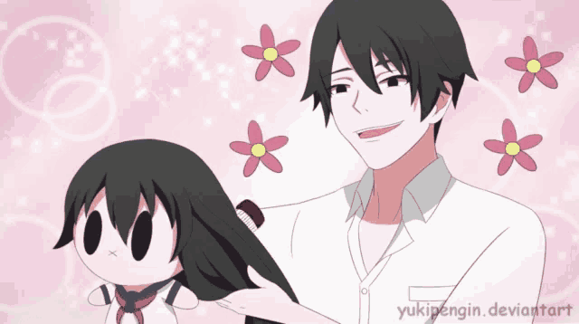 a drawing of a man brushing a girl 's hair with flowers in the background