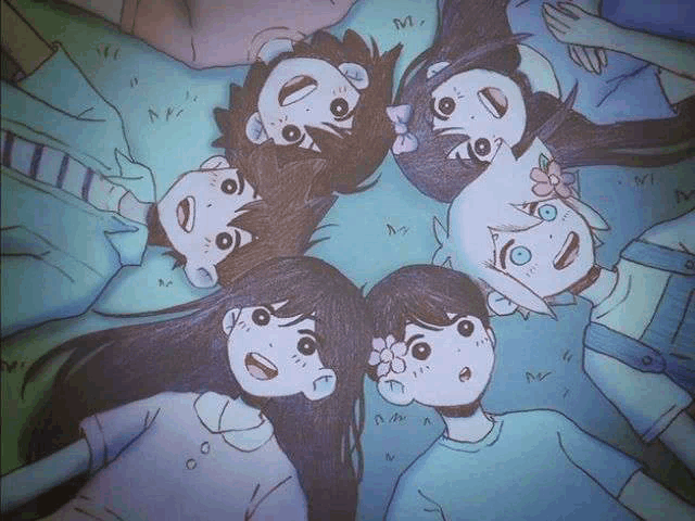 a group of cartoon characters laying in a circle on the ground .